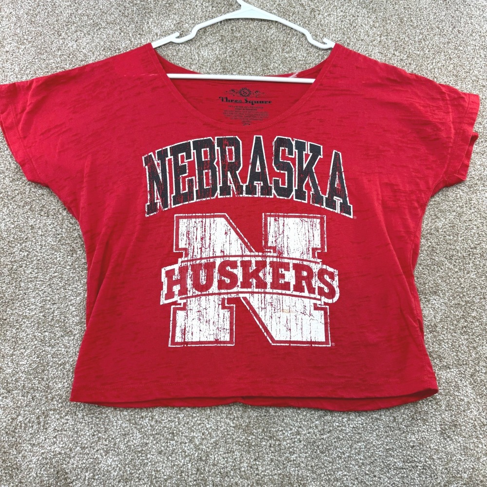 Three Square Nebraska Huskers Women Medium Red Burnout Graphic Tee Scoop Neck